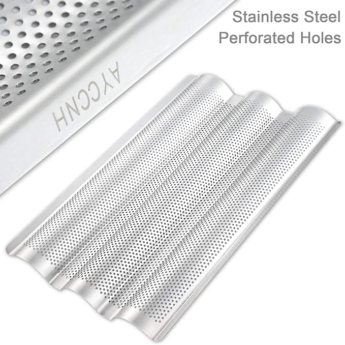 AYCCNH Stainless Steel Perforated French Baguette Bread Pan 3 Waves Toaster Oven Baking Tray (15"x10") with Large Bread Proofing Cloth (17.7" x 30.3")
