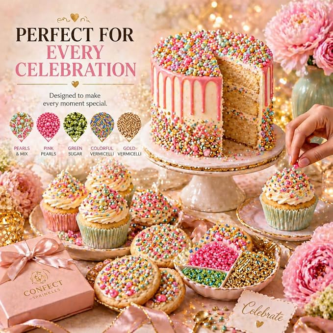 Confect Sprinkles – 5 Pack Assorted Cake Decorating Mix (Hot Pink & Ivory Pearl Dragees, Champagne Gold & Blue Jimmies, Green Sparkling Sugar) – Festive Edible Toppings for Cakes, Cupcakes, Cookies – Vegan, Gluten-Free, Nut-Free, Soy-Free, Dairy-Free, ...