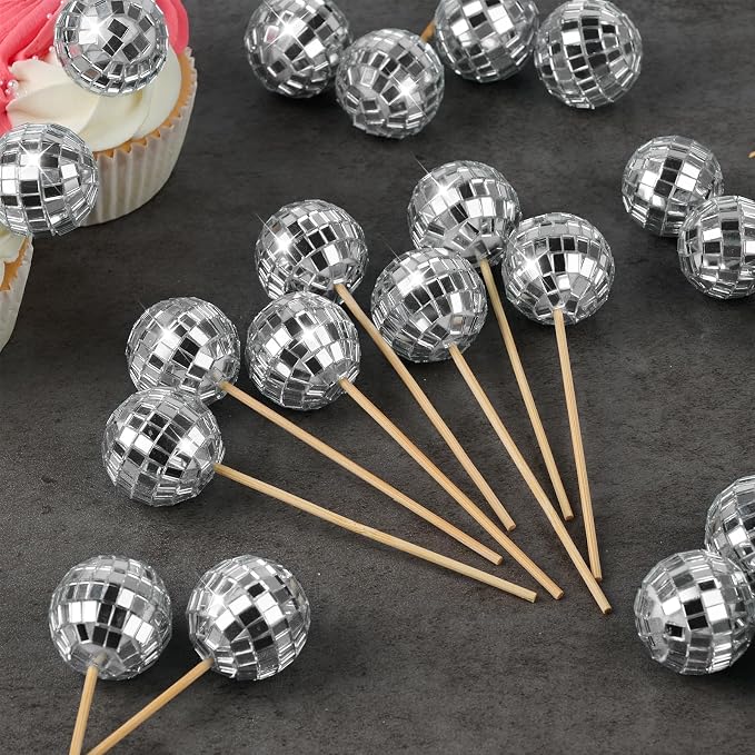 Soelomu 24 Pcs Disco Ball Cupcake Toppers, Mini Disco Ball Cake Picks Birthday Cake Decorations for 1970s Disco Theme Party Favor