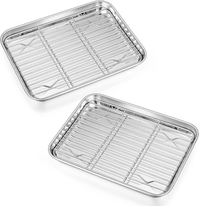 P&P CHEF 9 Inch Toaster Oven Pans with Racks, 4 Pieces Stainless Steel Oven Tray Baking Pan Sheet and Cooling Rack for Oven Cooking Roasting, Non Toxic & Dishwasher Safe