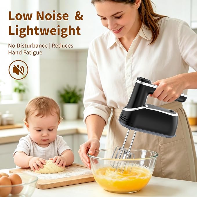 binROC Cordless Electric Hand Mixer, 12-Speed Rechargeable Handheld Mixer with Eject Button, 6 Stainless Steel Attachments, Snap-On Storage Case, LED, Self-Stand for Baking, Cake, Dough, Egg (Black)
