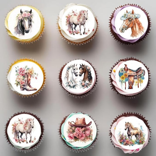 36PCS Edible Floral Horse Cupcake Toppers Wafer Paper Western Cowgirl Cupcake Toppers Edible Derby Horse Cupcake Picks for Western Derby Horse Theme Party Decoration Supplies
