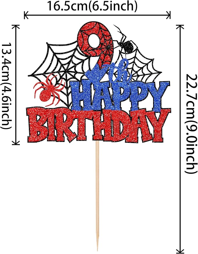 1 PCS Happy 9th Birthday Cake Topper Glitter Spider Web Cheers to 9 Years Nine Birthday Cake Pick Superhero Spider Party Decorations for Boys Girls Happy 9th Birthday Party Cake Decorations Supplies