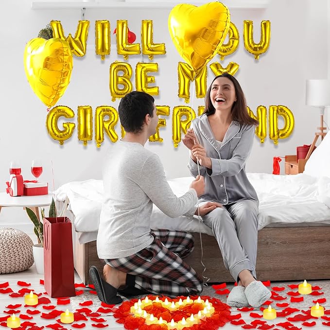 HyDren 18" Will You Be My Girlfriend Balloons Letters Kit Include Heart Shaped Balloons and LED Tealight Candles with Rose Petals Romantic Girlfriend Proposal Kit Valentines Day Decorations(Gold)