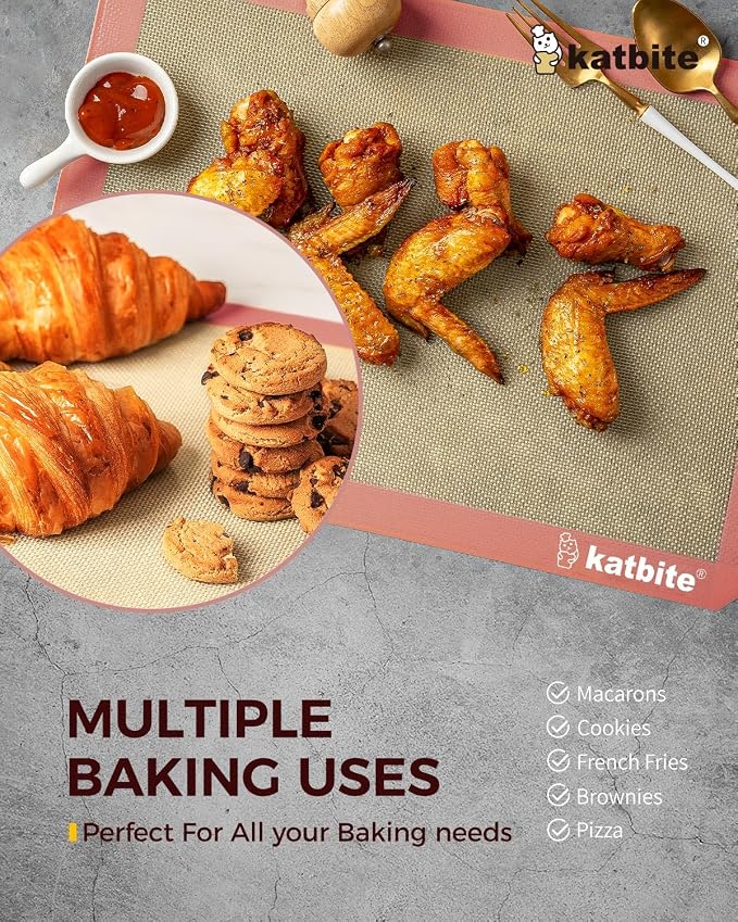 Katbite Silicone Baking Mat Colorful Collection - Set of 3: 2 Half Sheets Mats (11 5/8" x 16 1/2") + 1 Quarter Baking Sheet, Reusable & Nonstick Bakeware Mats for Cookies, Macarons, Bread (Pink)