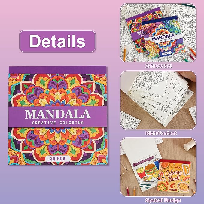 2 PCS Mandala Coloring Book for Adults Relaxation and Teens Stress Relief, 60 Pages Spiral Coloring Book for Women,Mindfulness Stress-Free Patterns for Adult to Relax Relieve Anxiety Gifts