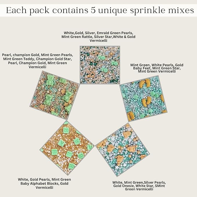 Confect Neutral Baby Shower Sprinkles | Gender Reveal Sprinkles | Birthday Assorted Pack Of 5 Mix Edible Heart, Teddy Bear & Gold Baby Feet Sprinkle | Vegan, Gluten-Free, Nut-Free, Soy-Free, Dairy-Free, Palm Oil-Free - 5 Oz