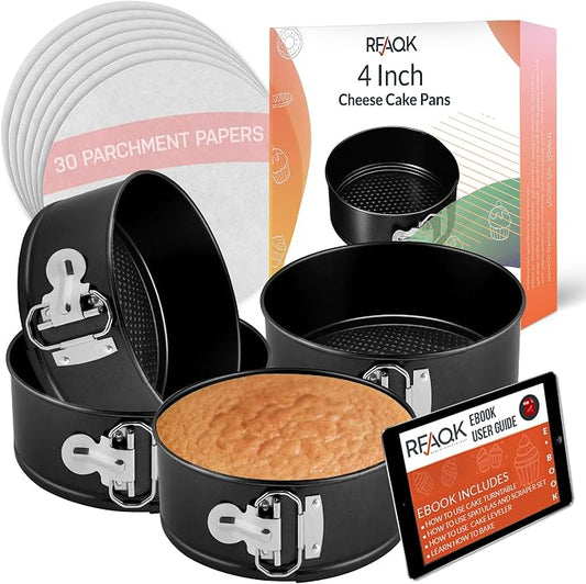 RFAQK 4 Inch Mini Cheesecake Pans Leakproof, 4pcs Small Nonstick Springform Pans with Removable Bottom, Includes 50pcs Parchment Papers, E-Book, Perfect for Baking Mini Cakes, Pizzas, Quiches & More!