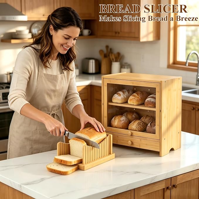 2 Tier Bread Box with Slicer and Cutting Board Extra Large | Bread Storage,Keep Bread Fresh,Natual Bamboo,Large Capacity,Space-Saving,Acrylic Window,For Homemade Bread,Kitchen Storage