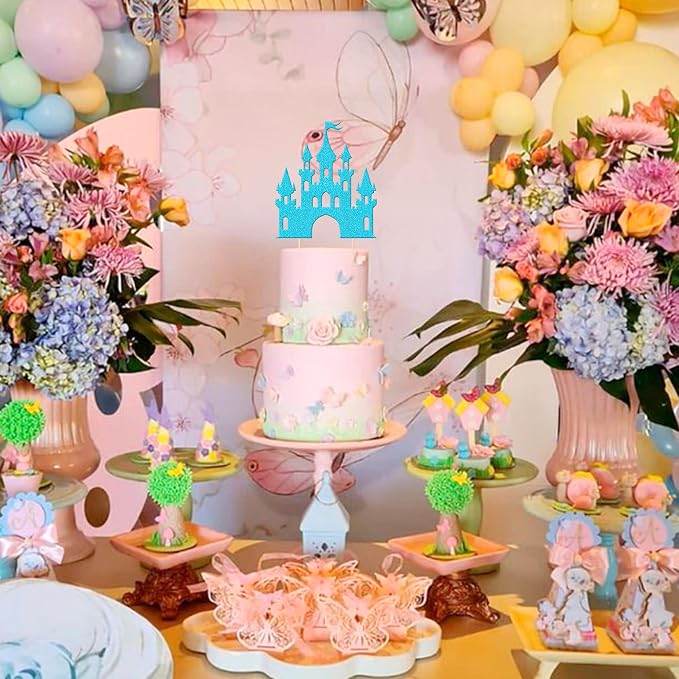 1 PCS Castle Cake Topper Glitter Princess Cake Topper Castle Theme Birthday Party Decoration Princess Happy Birthday Cake Decoration for Baby Shower Girls Princess Birthday Party Supplies Blue