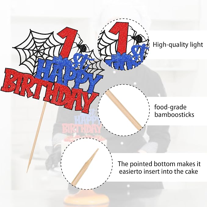 1 PCS Happy 1st Birthday Cake Topper Glitter Spider Web First Birthday Cake Pick Superhero Spider Party Decorations for Baby Shower Boys Girls 1st Birthday Party Cake Decorations Supplies