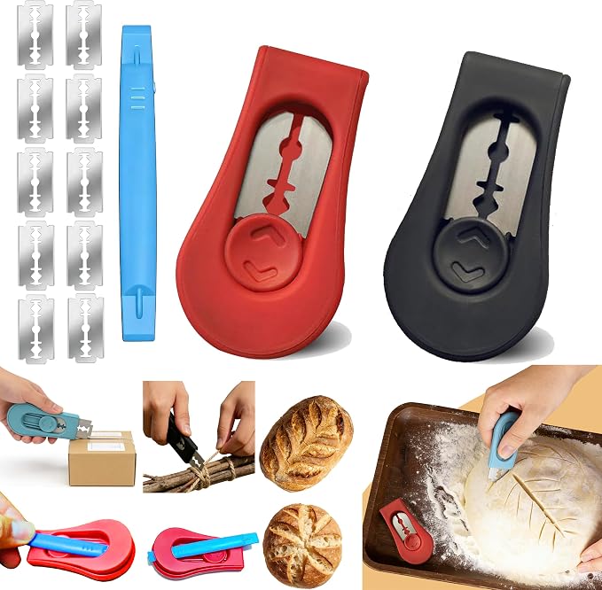 2pcs Magnetic Bread & Sourdough Lame Tool Set, Scoring Tool for Sourdough Bread, 10pcs Stainless Steel Blades, 2-in-1 Magnet Box Cutter, Multi-Use for Baking Office Picnics Kitchen Home (Red&Black)
