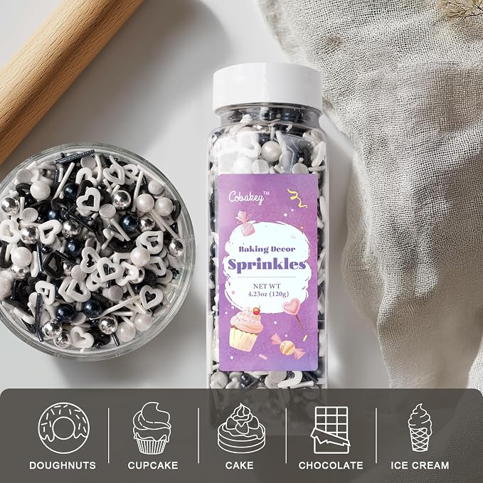Black and White Heart Sprinkles for Cake Decorating 4.23ounce - Sugar Mix Contains Heart & Silver Pearl Sprinkles for Cupcake Toppers, Ice Cream, Candy, Cookie Decorations - Holiday Party Supplies