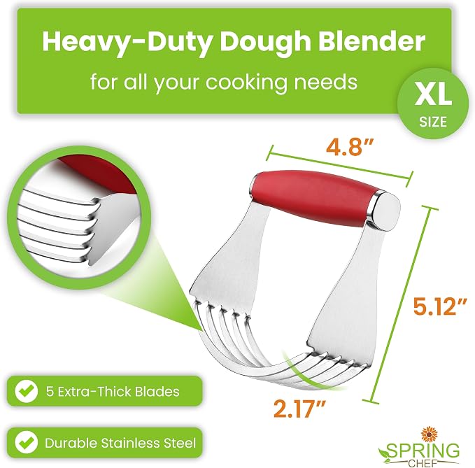 Spring Chef XL Stainless Steel Pastry Cutter Tool for Baking - Heavy Duty Dough Blender - Butter & Dough Cutter Tool with Sharp Blades - Pastry Blender for Easy Mixing - Dishwasher Safe - Red