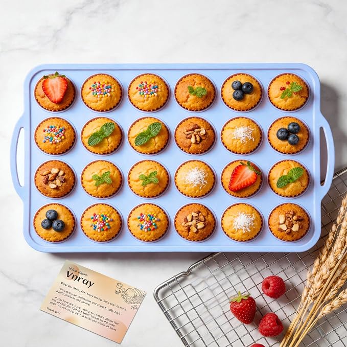 Mini Silicone Muffin Pan with Metal Frame, Non Stick Silicone Cupcake Pan with Handles 24 Cup, BPA Free Silicon Muffin Tin Tray Small for baking, egg bites, Cupcake Mold Blue