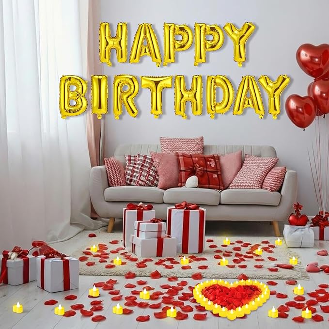 Red and Gold Happy Birthday Balloons Decorations Happy Birthday Letter Balloons Banner Set 24pcs Heart Flameless LED Candles 2000pcs Artificial Rose Petals for Women Men Room Party Decor