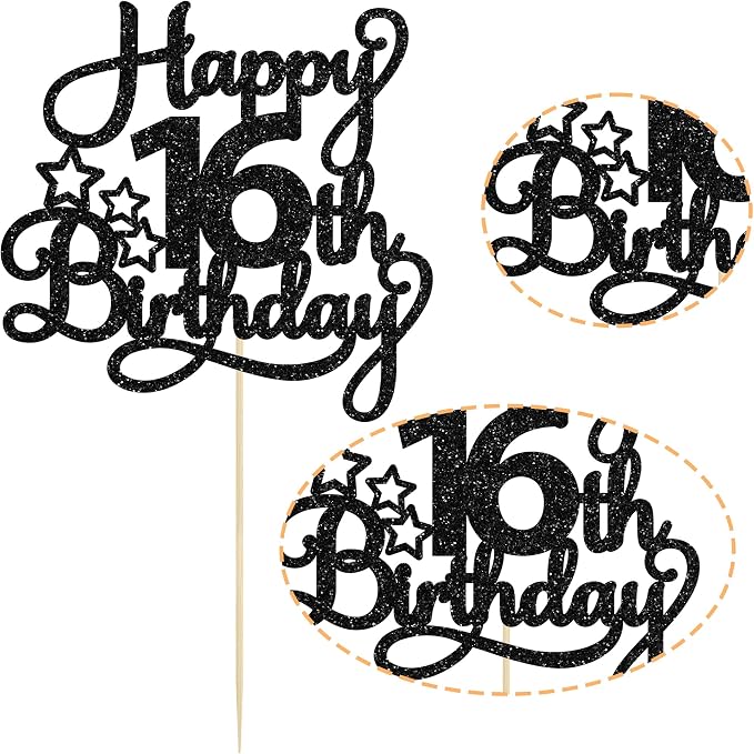 1 Pack Happy 16th Birthday Cake Topper Glitter Sweet 16 Cake Pick Decorations for Children Theme Party Supplies Black