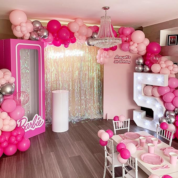 NISOCY Pink Balloons Garland Arch Kit, 18In 12In 10In 5In Different Size 124pcs Hot Pink Metallic Pink Balloons for Valentine's Day Wedding Baby Shower Princess Birthday Pink Party Decorations