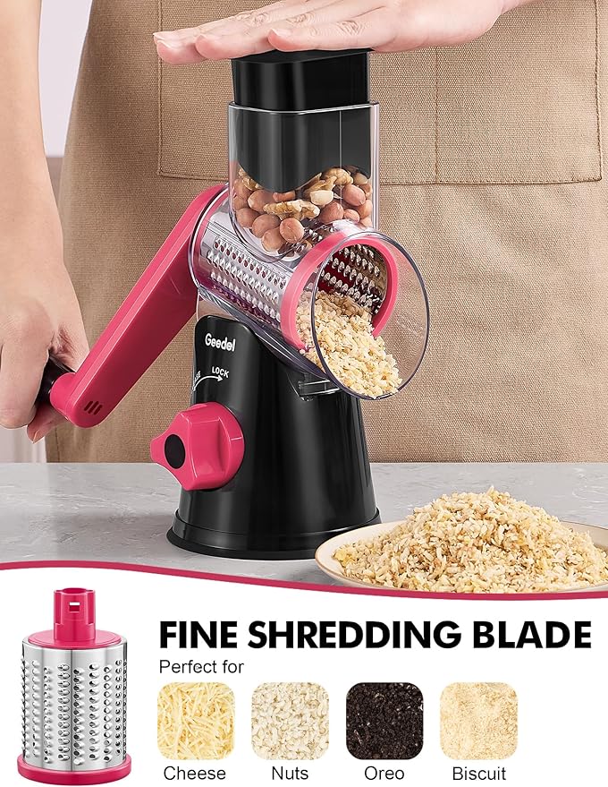 Geedel Rotary Cheese Grater, Kitchen Mandoline Vegetable Slicer with 3 Interchangeable Blades, Easy to Clean Rotary Grater Slicer for Cheese, Vegetables, Nuts