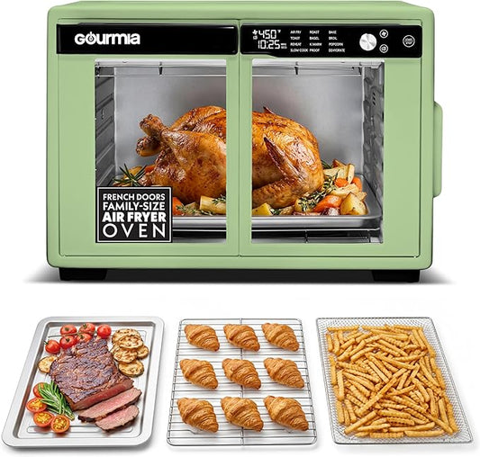 Gourmia French Door Air Fryer Oven - 37 Qt Large Capacity Convection Toaster Oven, FryForce 360°, Digital Display, 12 Cooking Presets, Dehydrate, Fits 13” Pizza, Dishwasher-Safe, Green