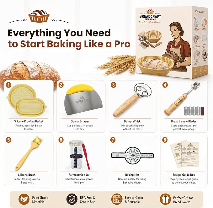 Silicone Sourdough Bread Proofing Basket – 7-Piece Complete Sourdough Starter Kit with 9" Round & 10" Oval Non-Stick Bannetons, Bread Lame, Danish Dough Whisk, Bench Scraper & Silicone Mat