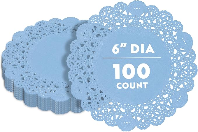 Pastry Tek 6 x 6 Inch Paper Lace Doilies, 100 Disposable Table Doilies - Elegant Lace Finish, Long Lasting, SkyBlue Paper Doily, for Pastries, Cupcakes, Desserts - Restaurantware