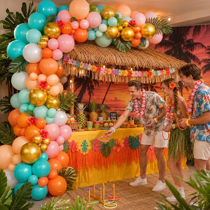Tropical Balloon Arch Kit, 149 PCS Hawaiian Luau Balloons Garland Pink Teal Orange Coral Metallic Gold Latex Balloons for Flamingo Summer Aloha Beach Pool Baby Shower Birthday Party Decorations