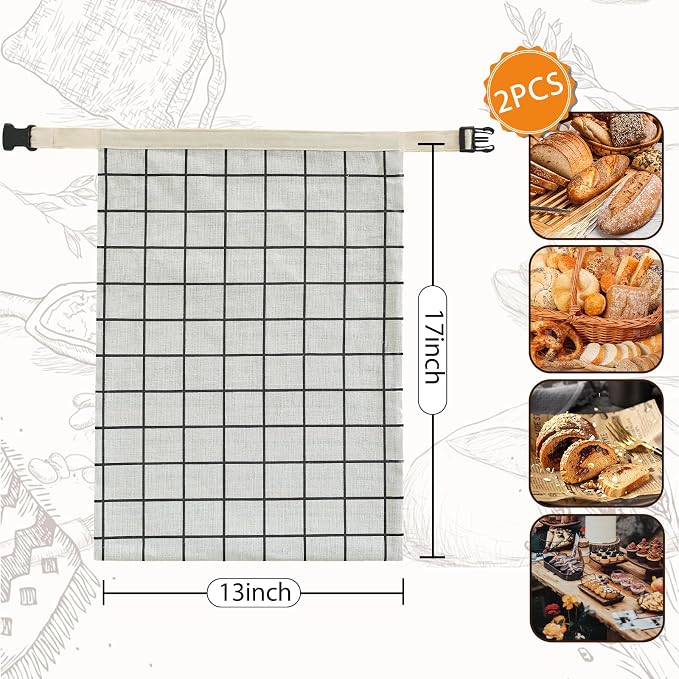 LURKA Beeswax Bread Bags, Reusable Cotton Linen Storage Bags for Sourdough, Extra Large, 2 Pack (White Plaid)