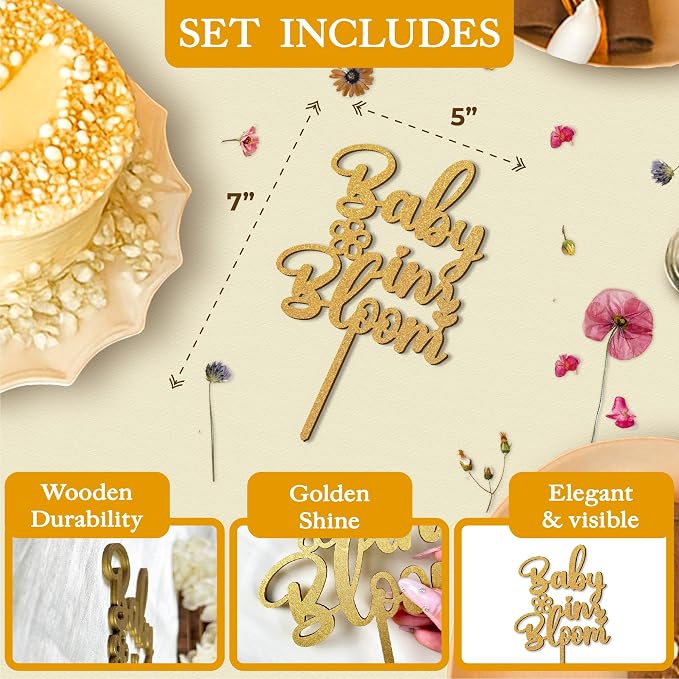 Woodamore Baby In Bloom Cake Topper - Wood Baby Shower Cake Topper For Girl Birth Announcement, Pregnancy Reveal, Baby Shower Cake Decorations