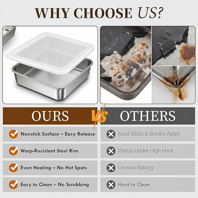 8x8 Baking Pan with Lid, Stainless Steel Brownie Pan, Square Cake & Casserole Bakeware, Heavy Duty Non-Toxic Oven Pan, Dishwasher Safe (2 Pans + 2 Lids)