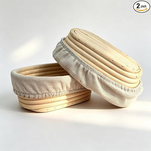 2 Pack 6.5 Inch Oval Bread Proofing Basket,Banneton Basket Bread Baking Bowl with Linen Liner Cloth, for Professional & Home Bakers Baking