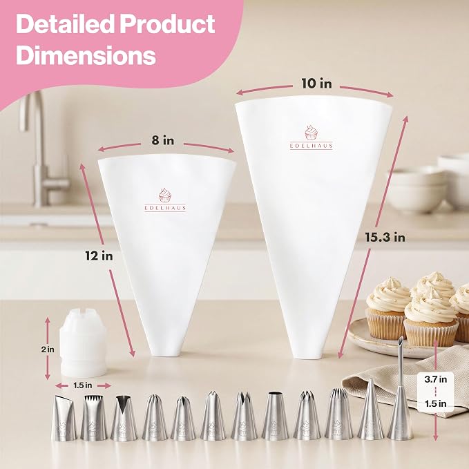 EDELHAUS Piping Bags and Tips Set – Reusable Piping Bags with 12 Piping Tips, Pastry Bags and Tips, Frosting Piping Kit, Cake Decorating Tools, Icing Bags Set with Flower Piping Tips & Couplers
