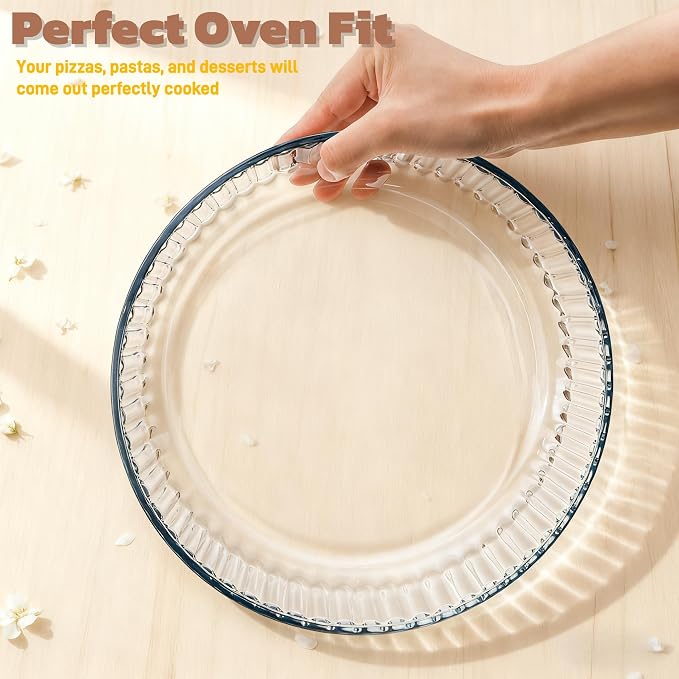 2 Pack Glass Pie Plates, 10 Inches Round Deep Baking Pie Dish, Clear Oven Safe Fluted Pie Serving Pan, Non-Stick Quiche Bakeware Set for Apple Pies, Tart, Salad, Dessert, Microwave & Oven Safe