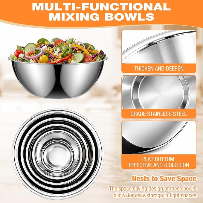 Domensi Stainless Steel Mixing Bowls Set - 5-piece Polished Mirror Nesting Bowls 1.25, 2.75, 4.25, 6.25, 8 Quart Thickened Material Ideal for Kitchen, Cooking, Baking and Storage, Deep