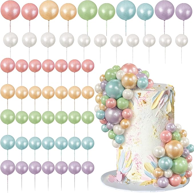 56 PCS Ball Cake Picks Colorful Ball Shaped Cake Topper Pearl Balls Cupcake Cake Insert Topper for Birthday Party Wedding Decoration Supplies Candy Series Six Colors