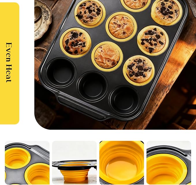 Collapsible Silicone Cupcake Pan, Egg Bites Silicone Mold & Donut Molds for Baking, 12-Cavity Pressable Tray, Perfect for Muffins, Egg Bites & Donuts