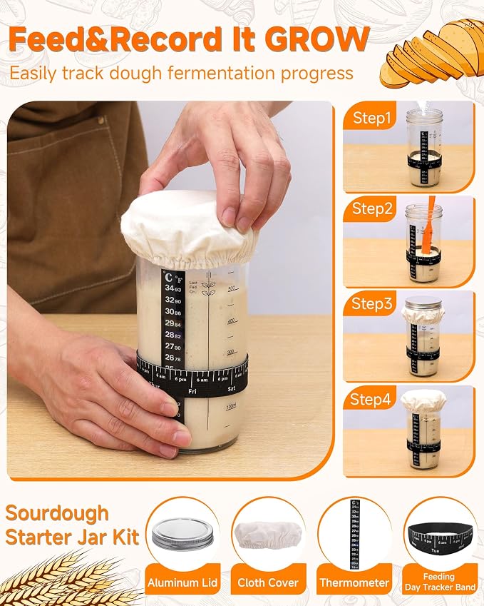 Complete Sourdough Starter Kit With Woven Proofing Basket, Sour dough Starter jar, Sourdough Bread Baking Supplies, Bread Making Kit,Perfect for Beginners & Gift