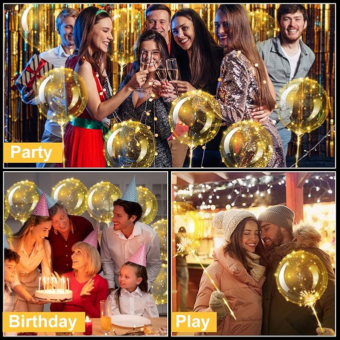 Vinsot 18 Pack LED Bobo Balloons Light Up Balloons Clear Helium Bubble Bobo Glow with String Lights for Parties Birthday Wedding Decoration (Warm Lights 20 Inch, 18)