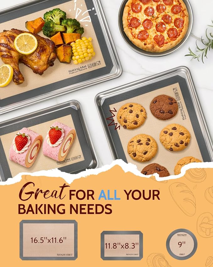 Silicone Baking Mat, Extra-Thick Platinum Silicone, Non-Stick Food Grade Baking Sheet Liners Set of 5, Reusable Dishwasher Safe, 2 Half Sheet + 2 Quarter Sheet + 1 Round 9", Sopito