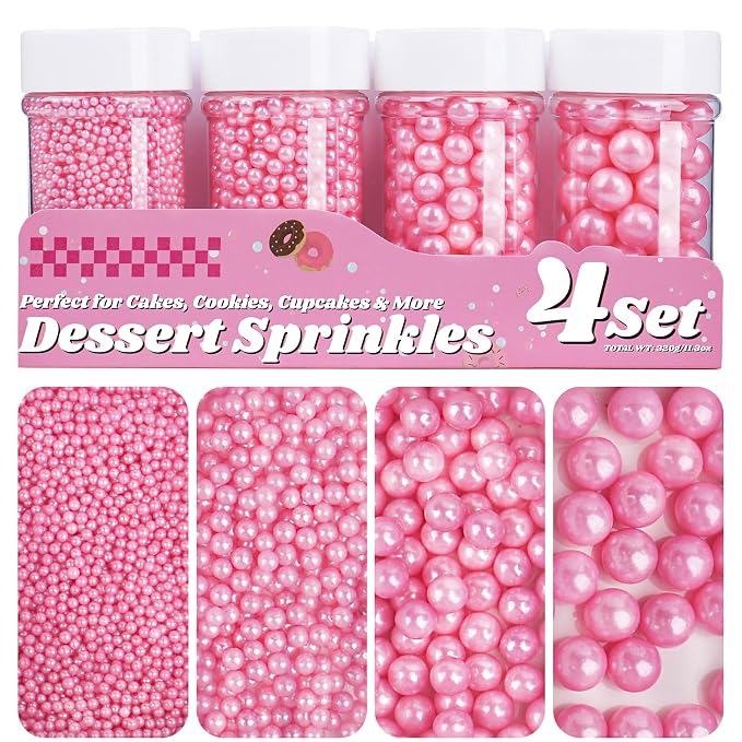 Pink Pearl Sprinkles for Cake Decorating, 11.3oz/320g Edible Pearls Sugar 4 Jars Set for Baking Cupcakes Cookies
