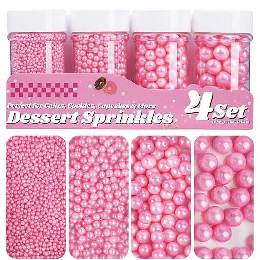 Pink Pearl Sprinkles for Cake Decorating, 11.3oz/320g Edible Pearls Sugar 4 Jars Set for Baking Cupcakes Cookies