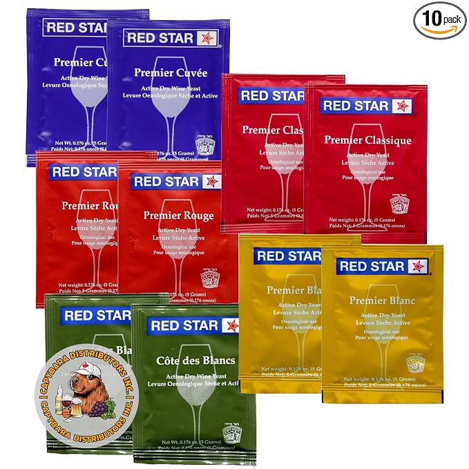 Red Star Sampler Wine Yeast (10 Pack) - Great for Making Wine Cider Mead Kombucha at Home - 5 g Sachets - Saccharomyces cerevisiae - Sold by CAPYBARA Distributors Inc.