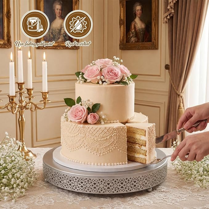 Wenqik Cake Stand 20 Inch Round Metal Cupcake Dessert Wedding Cake Stand Cookies Display Holder Fruit Serving Tray for Table Wedding Birthday Anniversary Party(Silver)