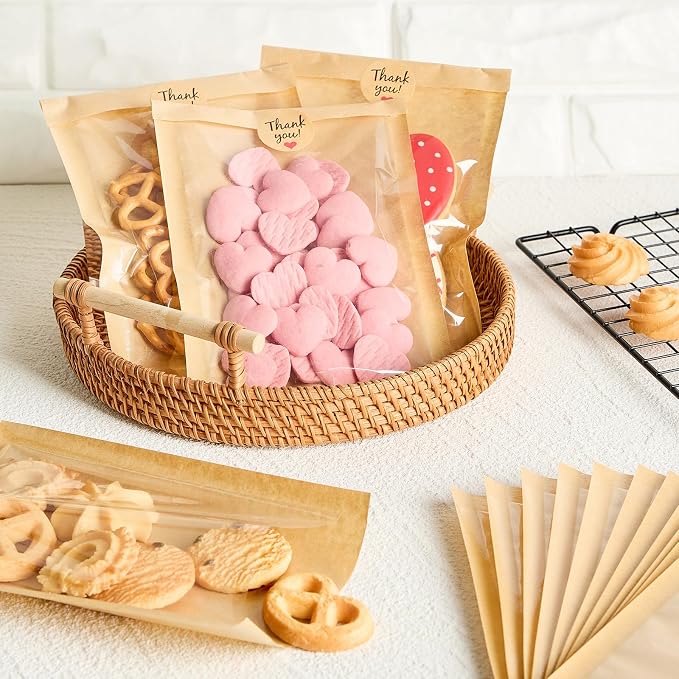 ZORRITA 200 Pack Heat-Sealable Cookie Bags with Window, 5.1 x 7.5 Inches Small Clear Front To Go Bakery Bags, Grease Resistant Kraft Paper Treat Sleeves for Packaging Snack Donut Pastry (Brown)