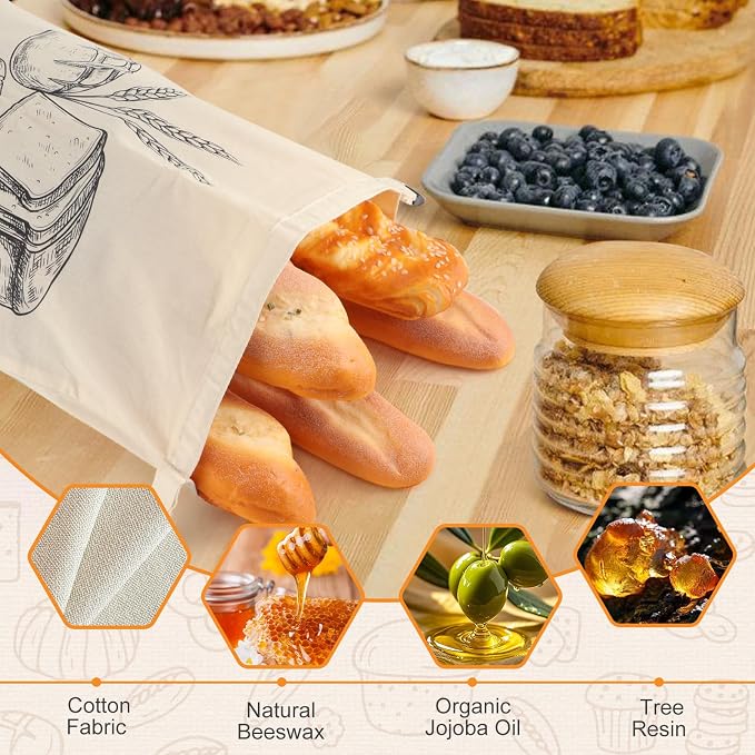 2 PACK Beeswax Sourdough Bread Bags for Homemade Bread, Reusable Cotton Beeswax Bread Bag Portable Waxed Storage All Natural Bees Wax Linen Bag Keep Fresh,13''×17'', 01