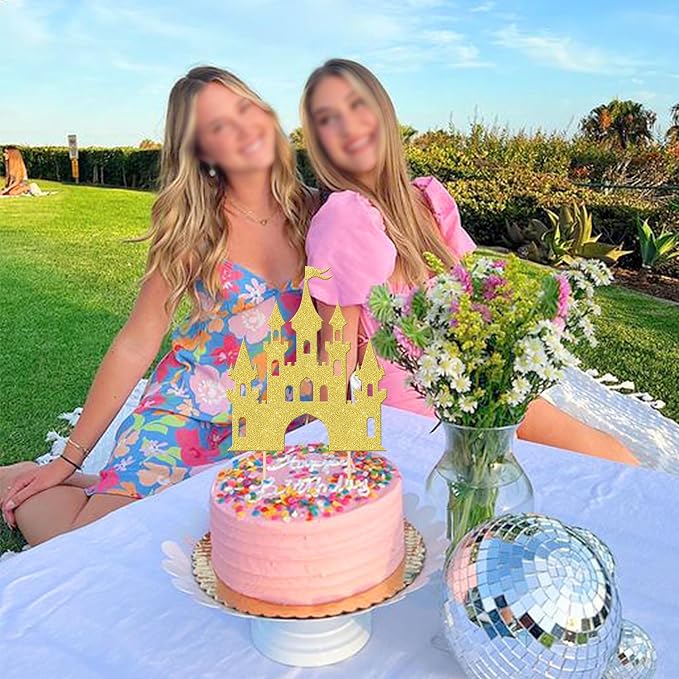 1 PCS Castle Cake Topper Glitter Princess Cake Topper Castle Theme Birthday Party Decorations Queen Castle Cake Pick for Princess Prince Birthday Baby Shower Party Cake Decorations Supplies Gold