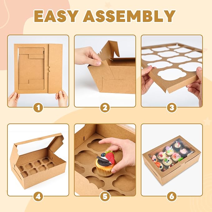 NPLUX 6 Pack Cupcake Boxes, 12 Count Cupcake Containers with Window and Cardboard, Food Grade Cupcake Carrier For Muffins Cupcakes Desserts (Brown 13.8×9.5×4 In)