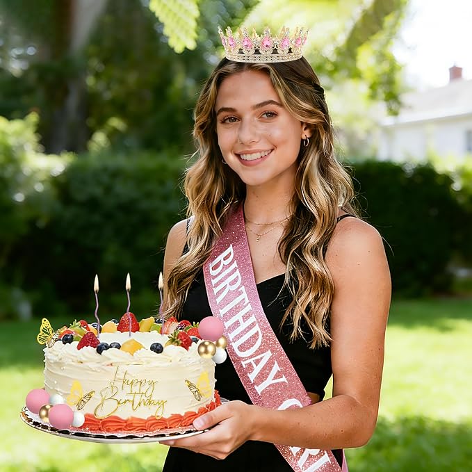 Crown & Birthday Sash for Women - Crown Happy Birthday Cake Topper Candles Balls Butterfly | Corona Para Pastel | Sweet Crown Decorations for Queen Princess Bride Wedding Prom (Gold, Pink)