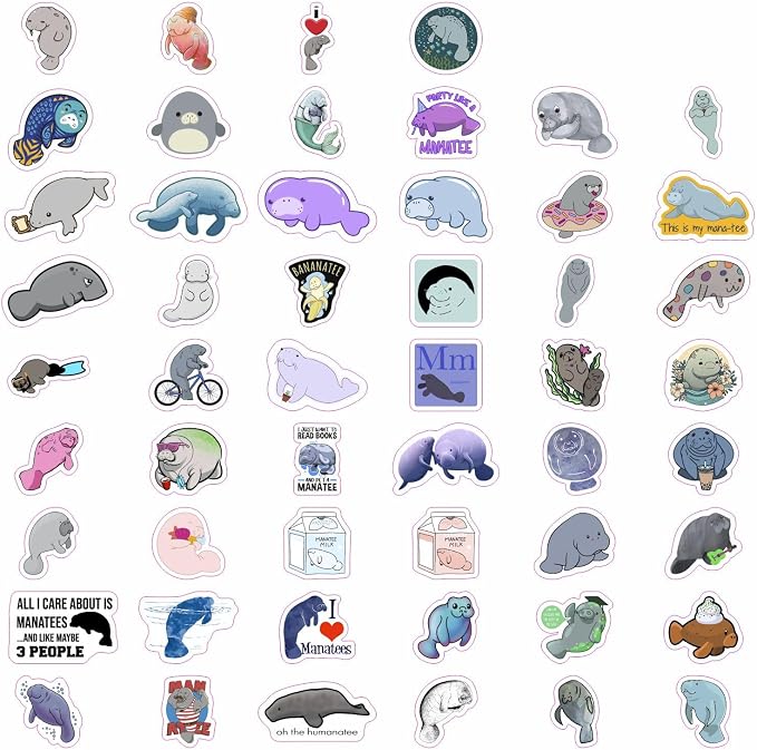 BulbaCraft 100Pcs Manatee Stickers and Laptop Decals for Water Bottles - Waterproof Vinyl Manatee Stickers, Gifts for Women & Men