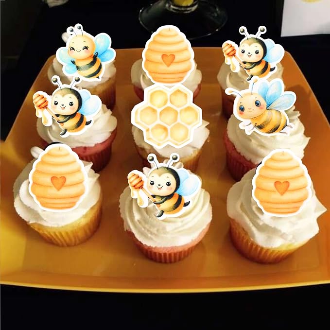 60 PCS Edible Bumble Bee Cupcake Toppers Waper Paper Honey Bee Cupcake Picks Edible Oh Babee Cupcake Decorations for Bee Theme Baby Shower Boys Girls Birthday Party Cake Food Decorations Supplies